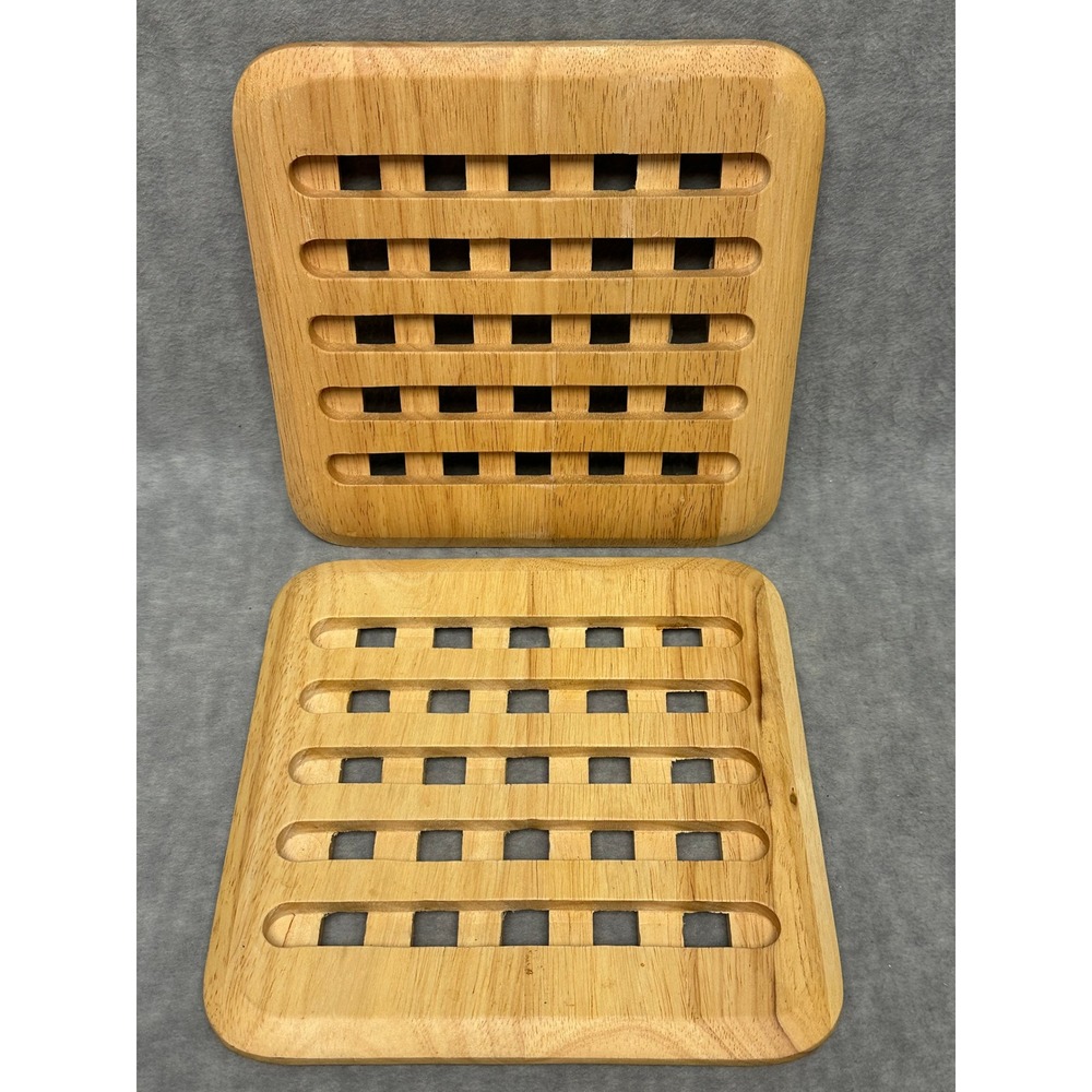 Square Light Wood Trivet Set‎ of 2 Lattice Grid Kitchen Decor 8" Natural MCM
